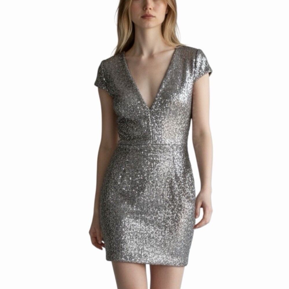 Dress the Population Sequin Bodycon Mini Dress XS Gray Taupe V-Neck Cap Sleeve